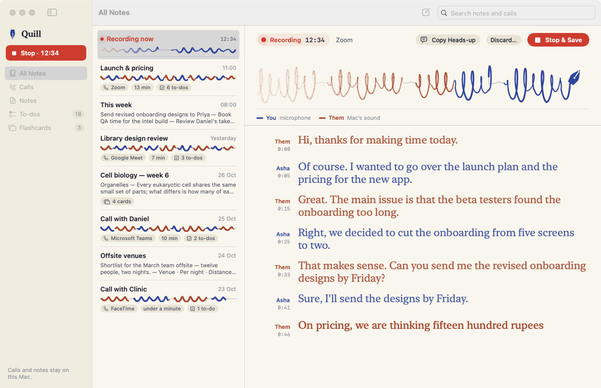 Quill recording a Zoom call: the ink line in two colours and the transcript appearing below