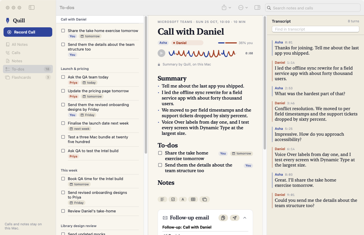 Every open to-do from calls and notes in one list, with owners and due dates